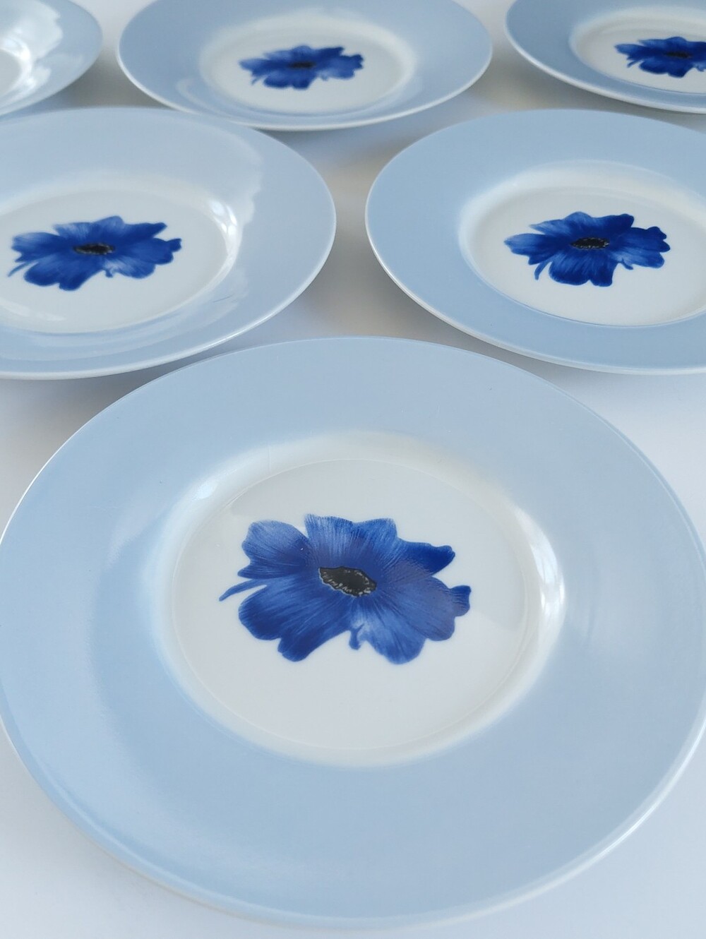 Vintage Blue Poppy Watercolor Flower 6” Side Plates - Set of 6